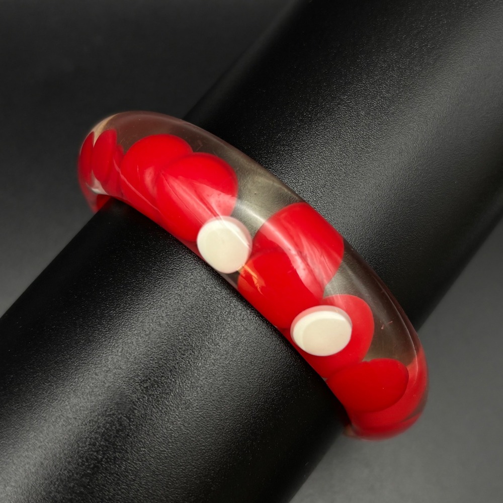 Vintage Bangle Red White Polka Dot Aspirin Dot Clear Lucite Size 7.75